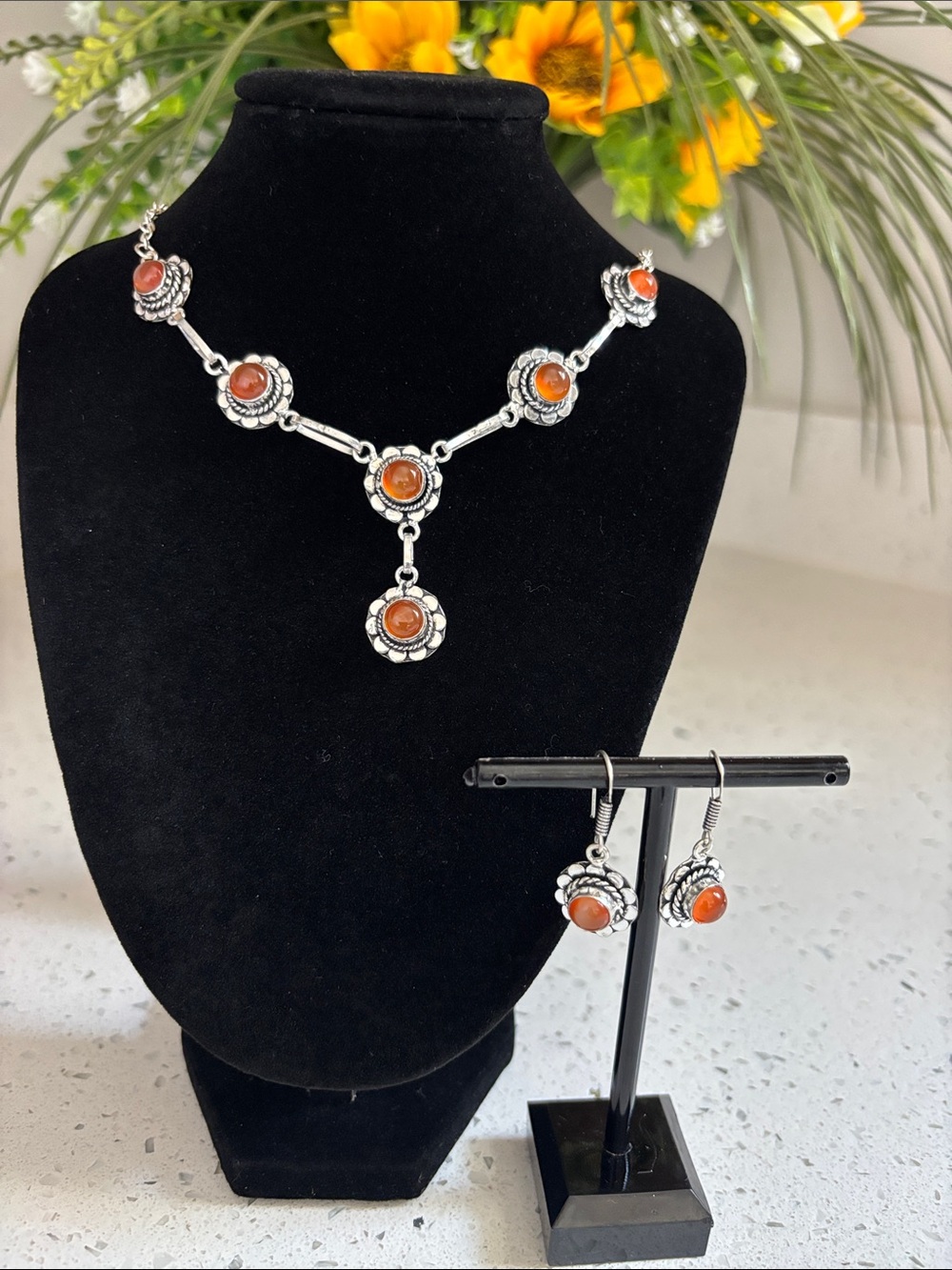 Sterling Silver Carnelian Floral Drop Necklace & Earring Set